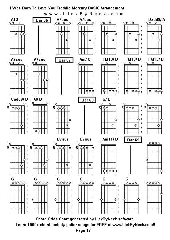 Chord Grids Chart of chord melody fingerstyle guitar song-I Was Born To Love You-Freddie Mercury-BASIC Arrangement,generated by LickByNeck software.